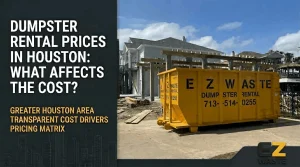 A large yellow EZ Waste Inc. roll-off dumpster rental parked at a residential construction site in Houston, Texas. Graphic overlay text reads: Dumpster Rental Prices in Houston: What Affects the Cost? Greater Houston Area Transparent Cost Drivers Pricing Matrix.