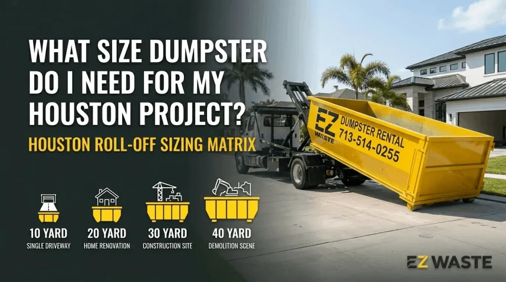 A commercial roll-off truck unloading a yellow EZ Waste dumpster at a residential job site. Graphic overlay text reads: What Size Dumpster Do I Need For My Houston Project? Houston Roll-Off Sizing Matrix. Icons represent sizing categories: 10 Yard Single Driveway, 20 Yard Home Renovation, 30 Yard Construction Site, and 40 Yard Demolition Scene.