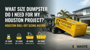 A commercial roll-off truck unloading a yellow EZ Waste dumpster at a residential job site. Graphic overlay text reads: What Size Dumpster Do I Need For My Houston Project? Houston Roll-Off Sizing Matrix. Icons represent sizing categories: 10 Yard Single Driveway, 20 Yard Home Renovation, 30 Yard Construction Site, and 40 Yard Demolition Scene.