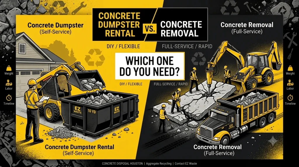 A split-screen infographic comparing "Self-Service Concrete Dumpster Rental" and "Full-Service Concrete Removal." The left side shows a homeowner with a skid-steer and a large bin, labeled "DIY / FLEXIBLE," and highlights "EZ WASTE 10 YD" dumpster and "Concrete Dumpster (Self-Service)." The right side features professional crews with a large excavator and a dump truck, labeled "FULL-SERVICE / RAPID," and highlights "EZ WASTE" truck and "Concrete Removal (Full-Service)." Icon bars on the far edges contrast 'Weight', 'Labor', and 'Timeline' for each service. The central question asks, "WHICH ONE DO YOU NEED?" The overall background features rubble and tools.