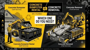 A split-screen infographic comparing "Self-Service Concrete Dumpster Rental" and "Full-Service Concrete Removal." The left side shows a homeowner with a skid-steer and a large bin, labeled "DIY / FLEXIBLE," and highlights "EZ WASTE 10 YD" dumpster and "Concrete Dumpster (Self-Service)." The right side features professional crews with a large excavator and a dump truck, labeled "FULL-SERVICE / RAPID," and highlights "EZ WASTE" truck and "Concrete Removal (Full-Service)." Icon bars on the far edges contrast 'Weight', 'Labor', and 'Timeline' for each service. The central question asks, "WHICH ONE DO YOU NEED?" The overall background features rubble and tools.
