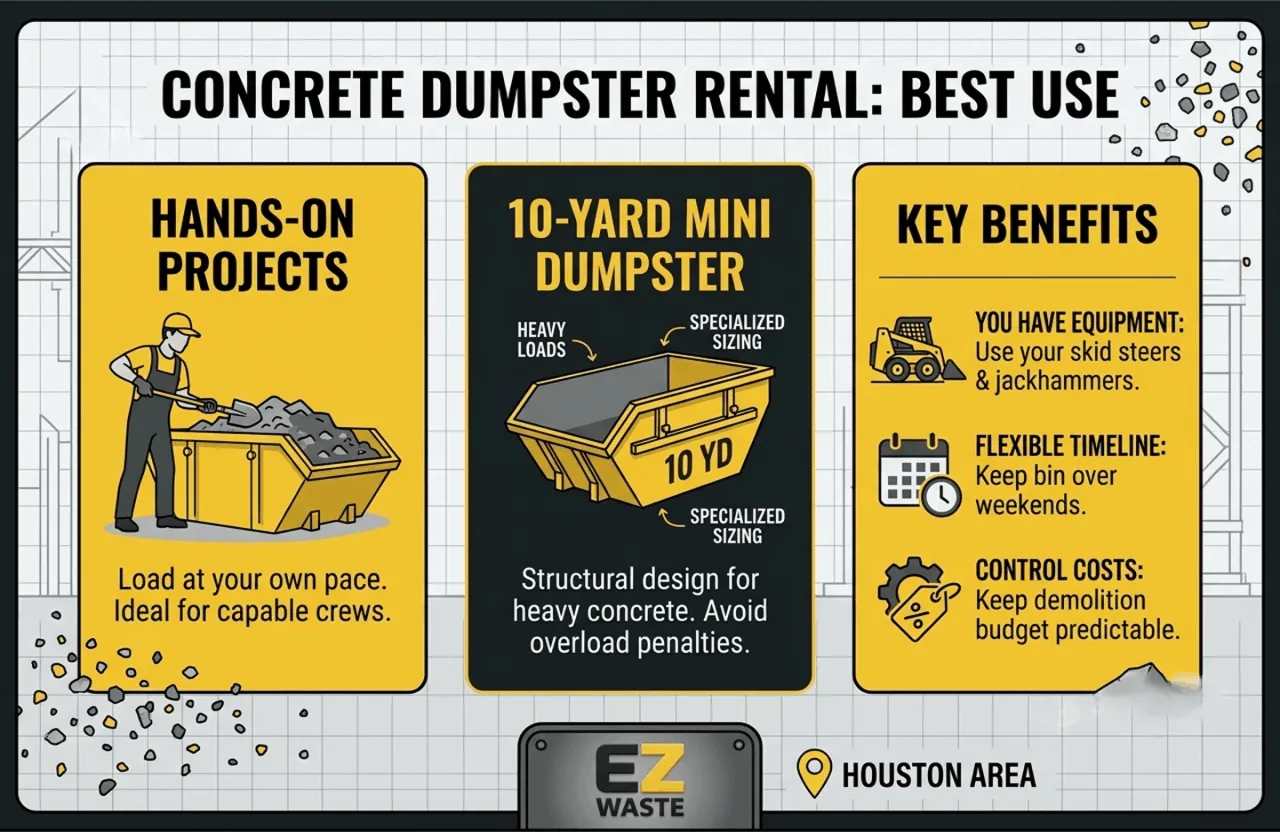 Three-column infographic by EZ Waste outlining the best uses for a concrete dumpster rental, featuring sections on hands-on projects, 10-yard mini dumpsters, and key rental benefits.