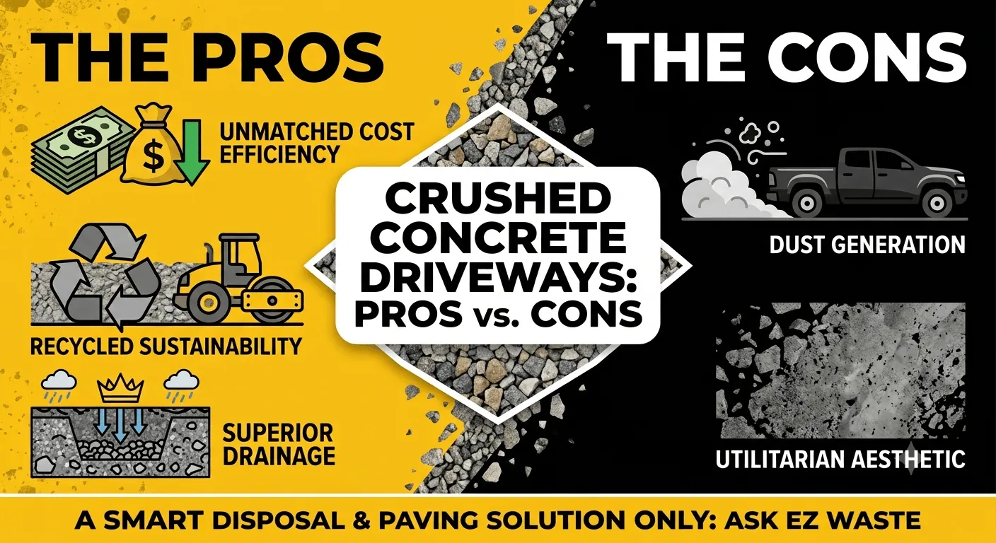 A detailed infographic comparing the pros and cons of crushed concrete driveways, split between yellow and black sections with images and icons. The left "PROS" side in yellow highlights "Unmatched Cost Efficiency" with money bags and stacks, "Recycled Sustainability" with a recycling symbol and road roller, and "Superior Drainage" with a cross-section diagram. The right "CONS" side in black highlights "Dust Generation" with a pickup truck in a dust cloud, and "Utilitarian Aesthetic" with a texture sample. A central hex shape with gravel contains the title. The entire image is bordered with small gravel pieces and features a footer.