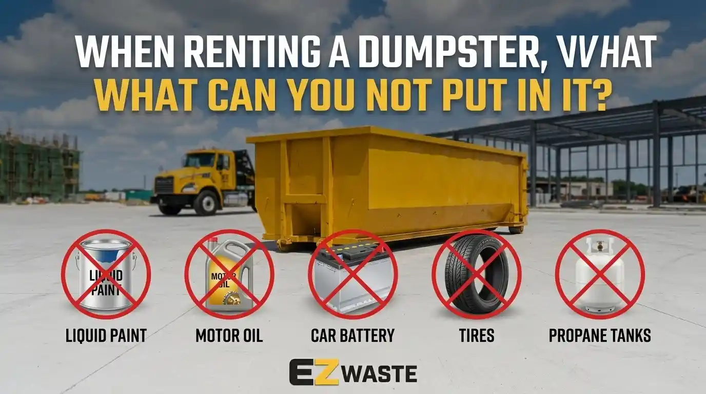 Prohibited dumpster rental items including liquid paint, motor oil, car batteries, tires, and propane tanks in front of a yellow roll-off dumpster.